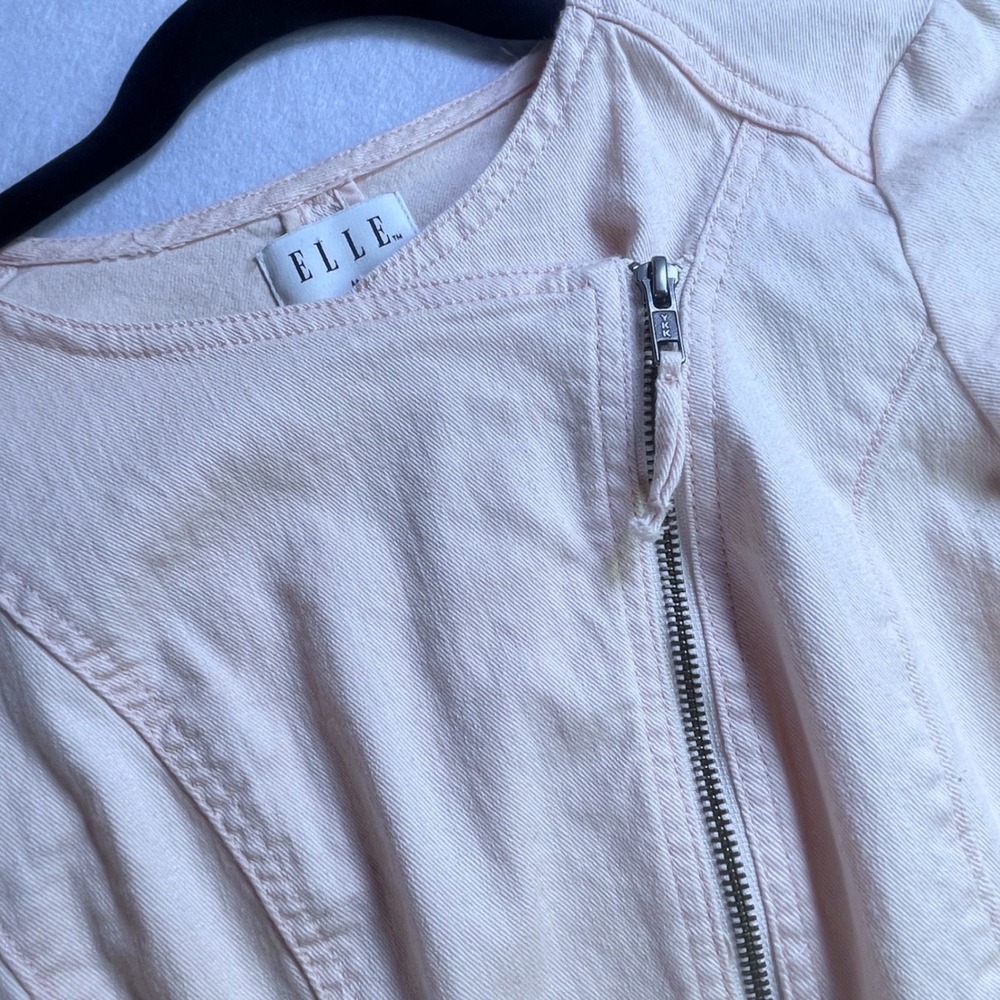 Elle Womens Pink Denim Moto Jacket Peplum Hem Asymmetric Zip Size Medium - Picture 4 of 8
